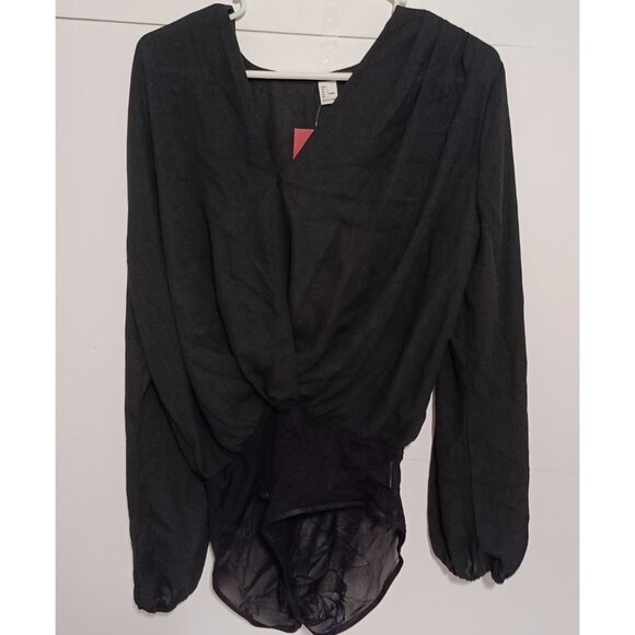 Verdusa Tops - Verdusa Women's Long Sleeve Wrap V Neck Leotard Blouse Bodysuit BlackSolid L
